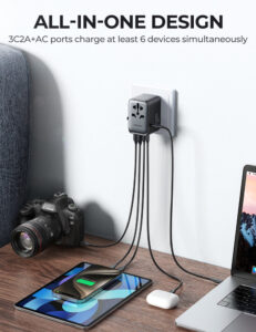 JOYROOM JR-TCW02 Universal Travel Adapter with multiple USB ports and global plug compatibility for worldwide charging.