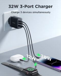 JOYROOM JR-TCF10 32W 2C1A Fast Charger in black, featuring dual USB-C and USB-A ports for simultaneous charging