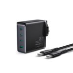 JOYROOM JR-TCG05 140W GaN 3C1A Fast Charger in black with three USB-C ports, one USB-A port, and a 240W USB-C to USB-C cable (1.2m) for fast charging and data transfer.